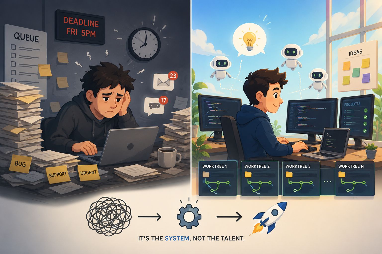 Two engineers, the same talent, different systems. Left: overwhelmed by a support queue, a Friday-5pm deadline, bug and urgent tickets, pinging notifications. Right: relaxed at a multi-monitor setup with AI agents, an ideas board, and worktrees 1 through N. Caption: it's the system, not the talent.